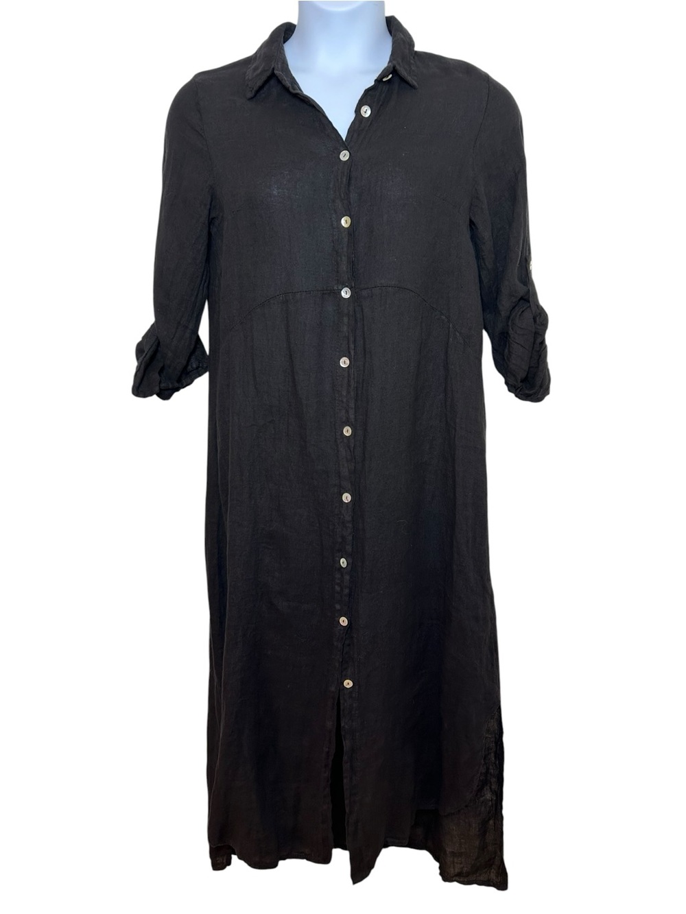 Meo Meli black linen roll tab shirt dress size large Italy lagenlook coastal